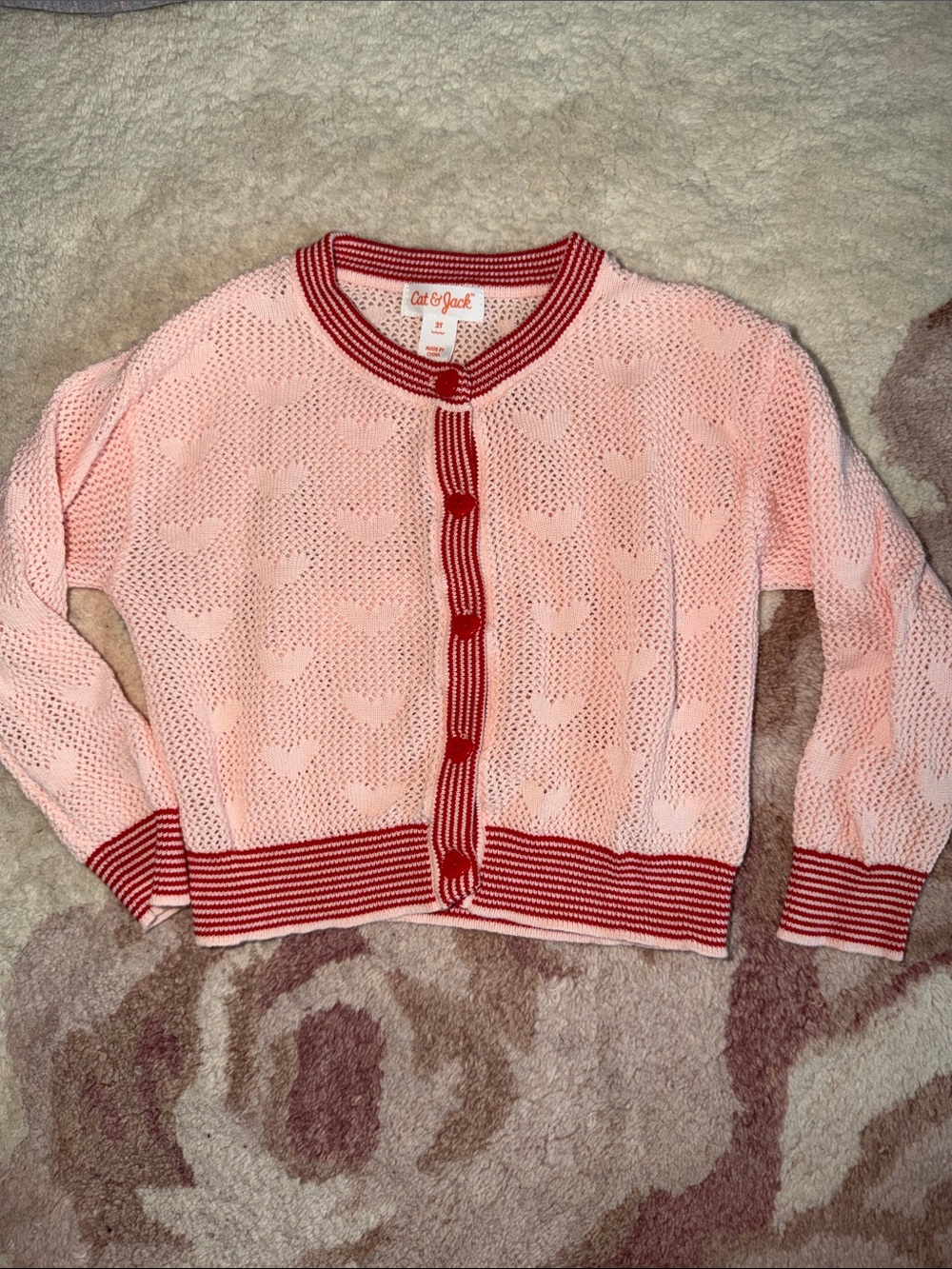 Cat & Jack Pink Heart Cardigan with Red Trim